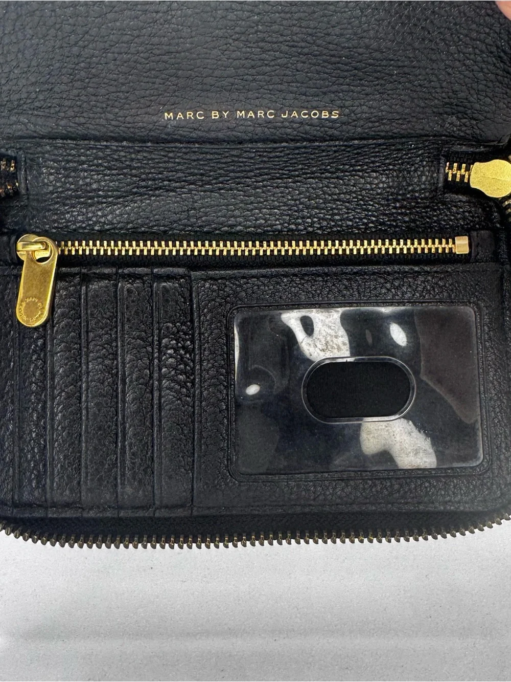 Marc by Marc Jacobs Black Leather Zip-Around Wallet with Gold Plaque
